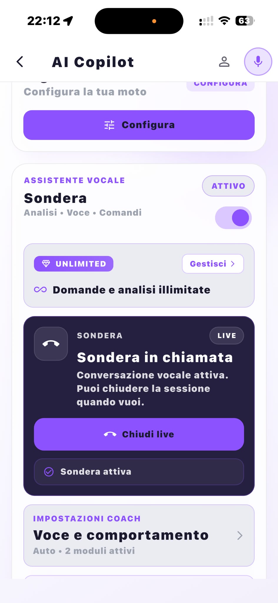 Schermata AI Copilot nell'app Sondera con assistente vocale Live e piano Unlimited