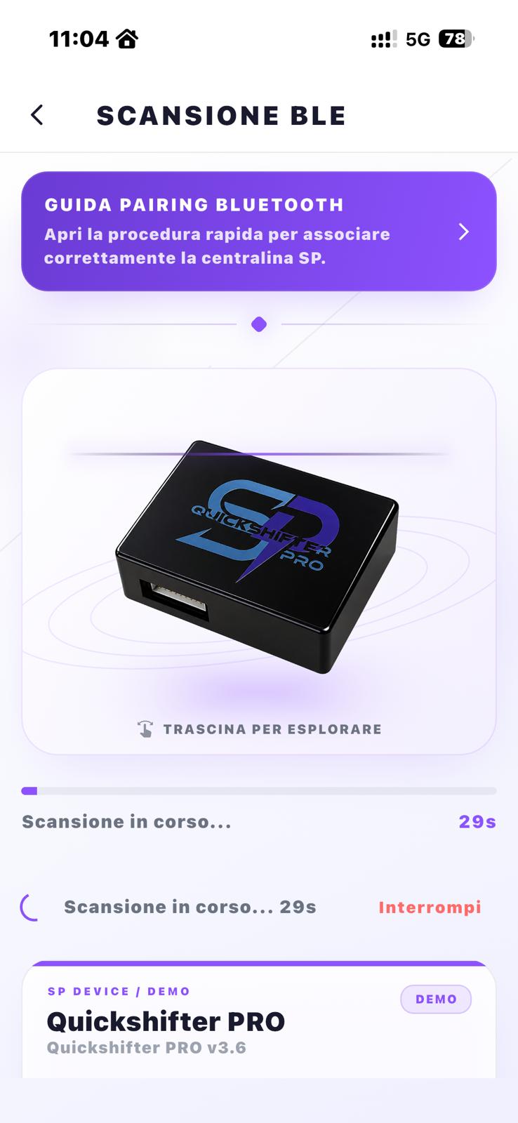Schermata reale dell’app Sondera durante la scansione BLE di Quickshifter PRO