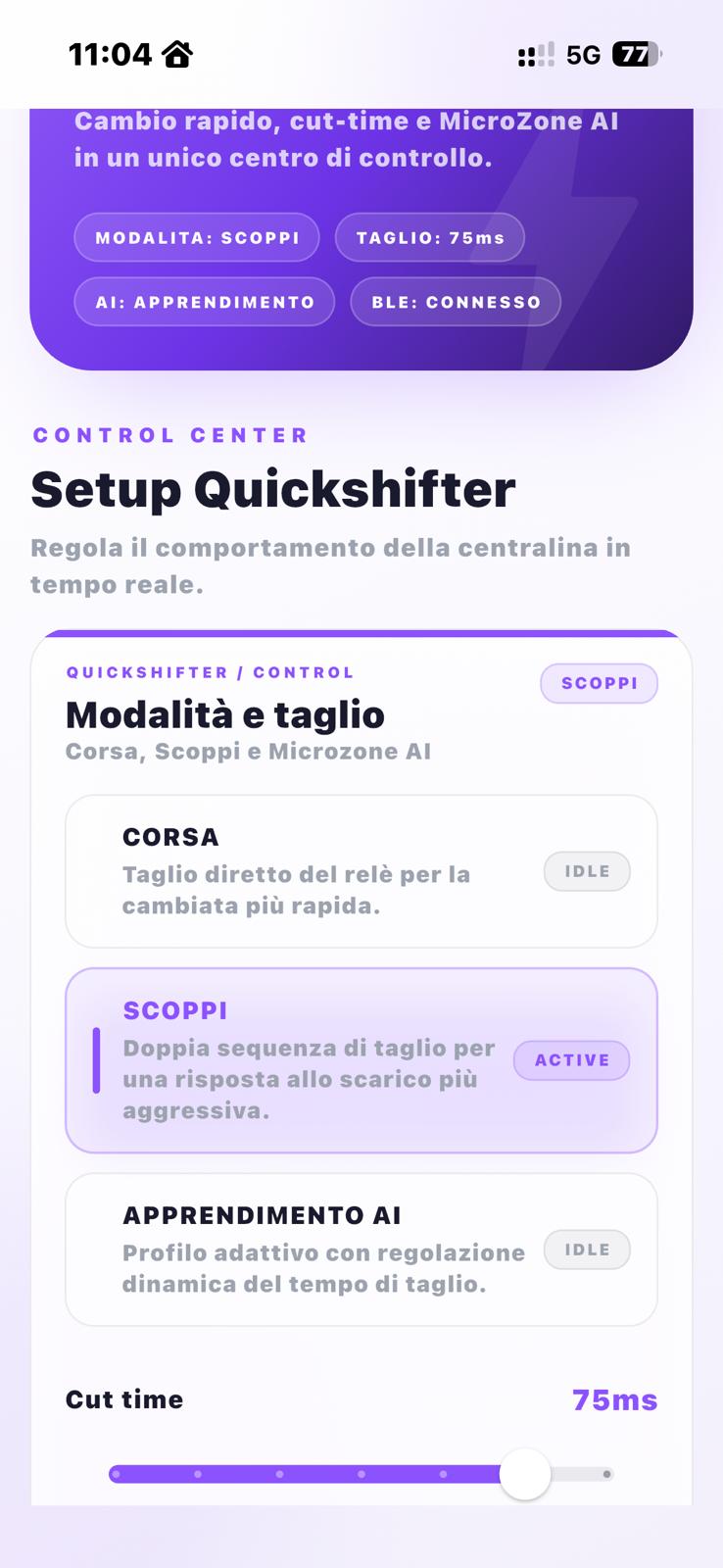 Schermata reale dell’app Sondera: setup Quickshifter con modalità Scoppi e cut time