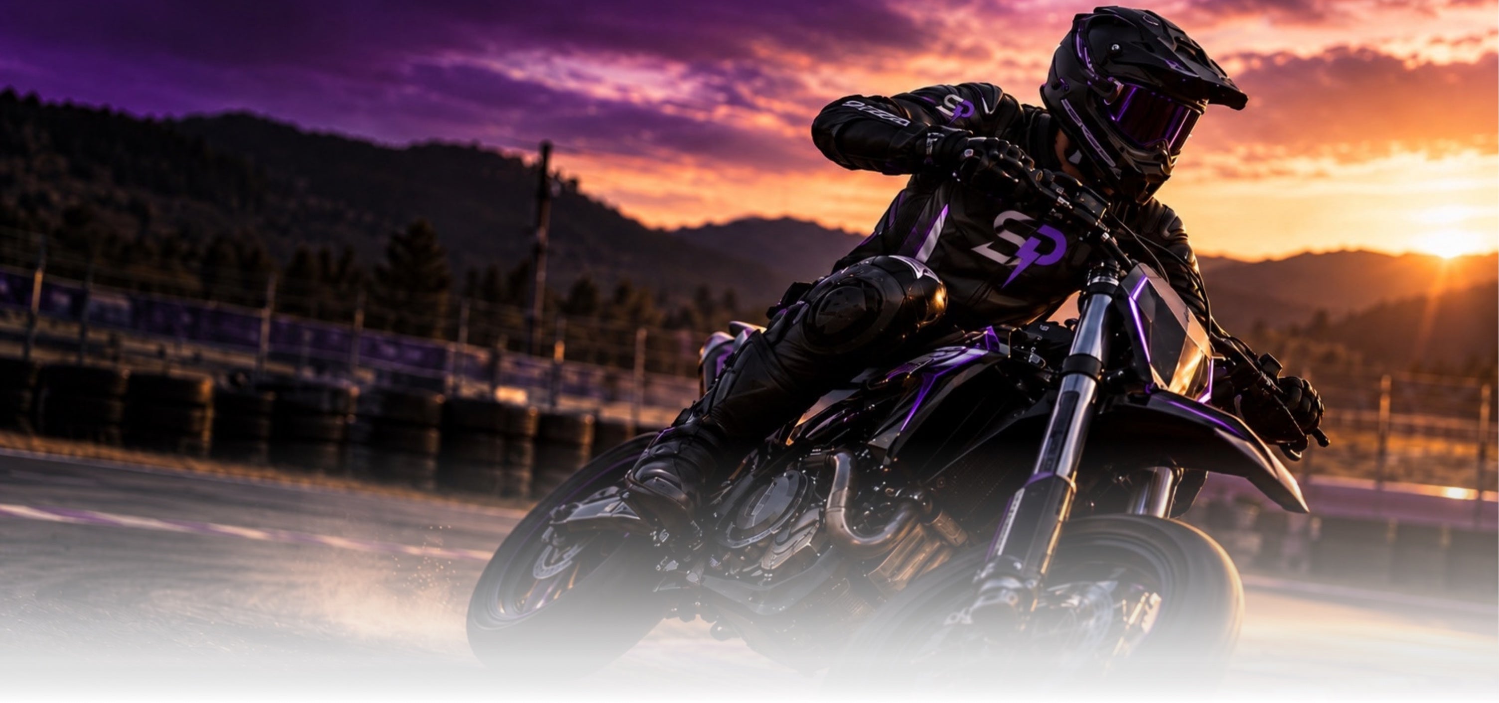 Motociclista Sondera Project in curva al tramonto